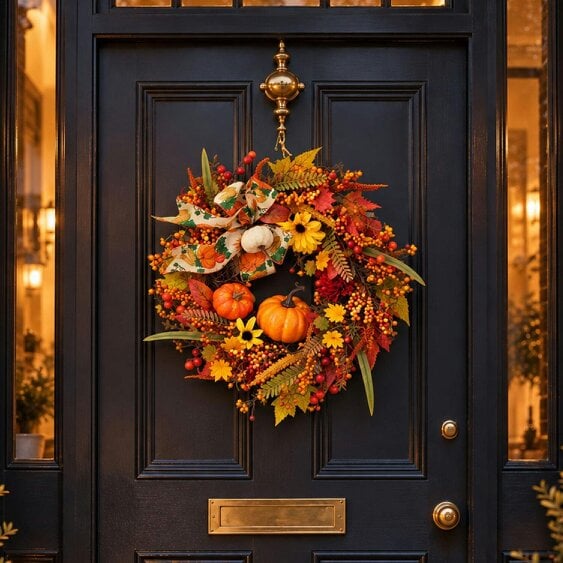 Neo Autumn Wreath Door Pumpkins Berries Sunflowers