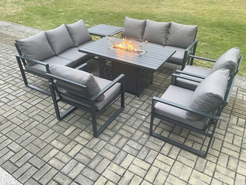 Fimous Aluminium Garden Furniture Outdoor Set Patio Lounge Sofa Gas Fire Pit Dining Table Set with 3 Armchair Side Table Dark Grey