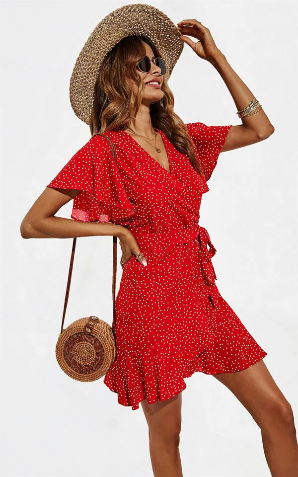 FS Collection Dot Print Wrap Top Dress In Red