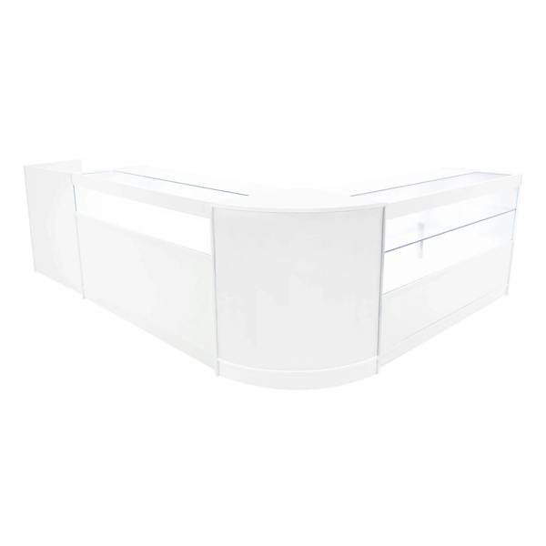 White Gravity LED Shop Counter Set featuring sleek design, smooth surfaces, and integrated lighting for a modern retail display