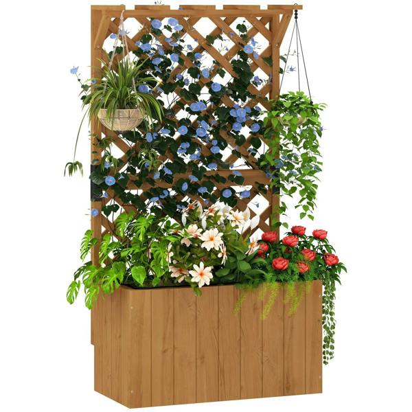 Freestanding wooden raised planter box with trellis and drainage holes, natural finish