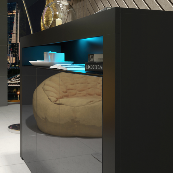 Mex Furniture 155cm Sideboard TV Stand Cupboard Cabinet – Black High Gloss Doors with Free LED