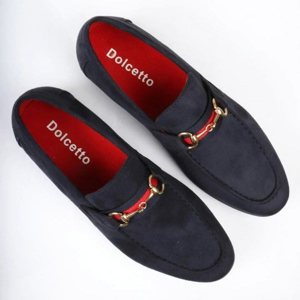 Dolcetto Men's Suede Leather Lined Gold Buckle Loafers