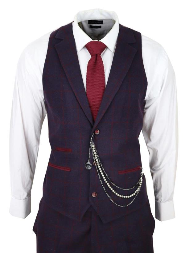 TruClothing Mens 3 Piece Tweed Suit Plum Purple Check Peaky Blinders Classic 1920 Gatsby