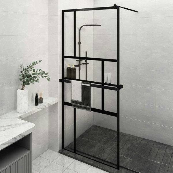 Berkfield Walk-in Shower Wall with Shelf Black 90x195 cm ESG Glass&Aluminium