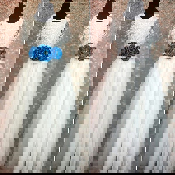 Blue and grey girls sash corsages