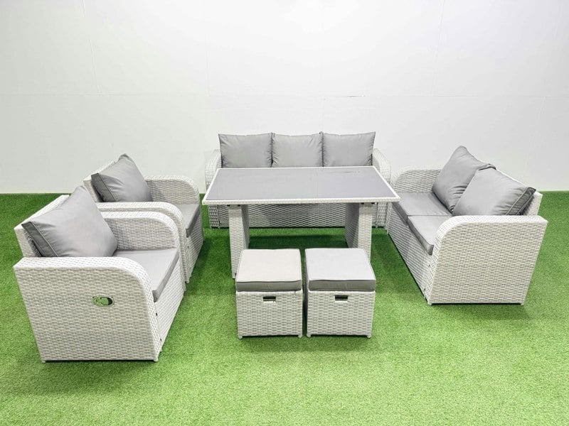Fimous 9 Seater Garden Furniture Set PE Rattan Garden Sofa Set with Rectangular Dining Table 2 Small Stools Light Grey