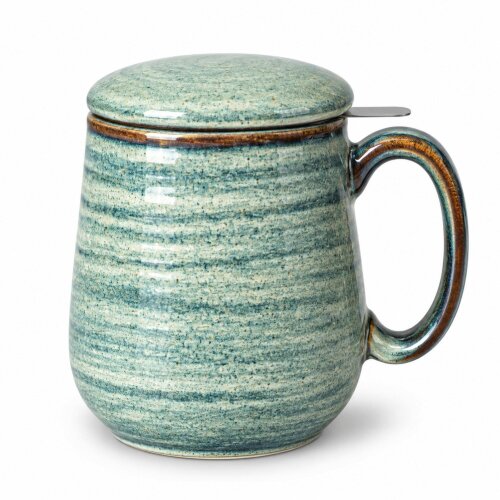 Skandi Home Aska Large Sea Green Reactive Glaze Ceramic Infuser Mug with Lid and removable Stainless Steel Infuser
