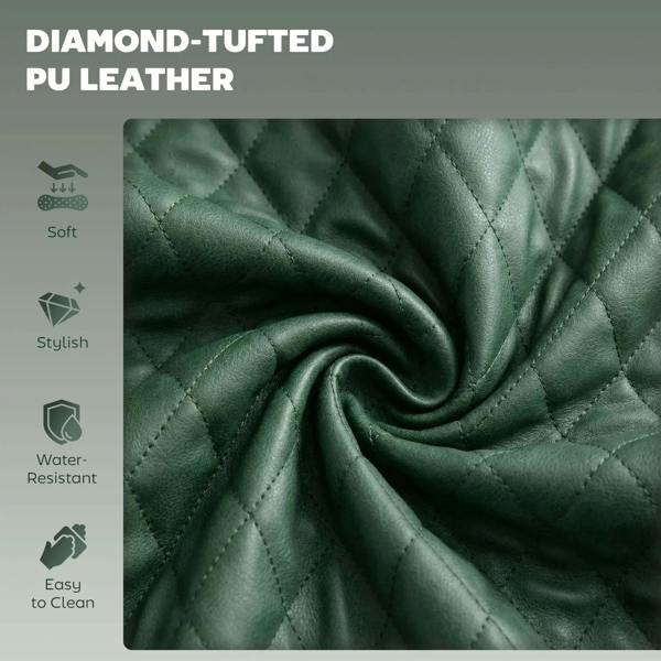 Close-up of green diamond-tufted faux leather upholstery with quilted texture