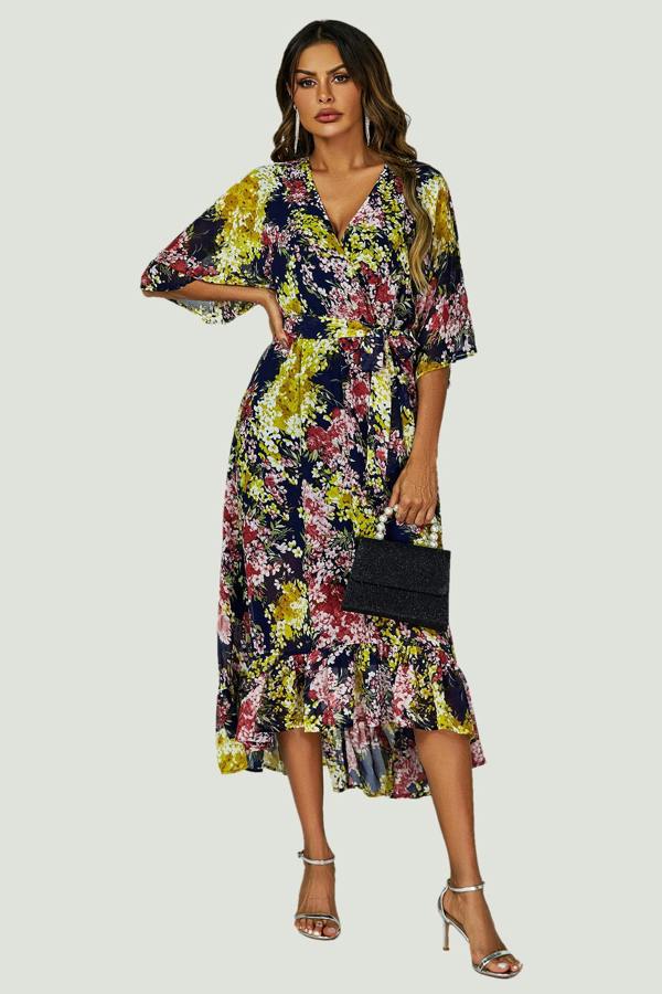 FS Collection Floral Print Wrap Top Kimono Sleeve Maxi Dress In Navy