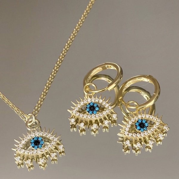 Spero London Evil Eye Earring Blue Eye Sterling Silver Pendant Eyelash Necklace and Earring Set