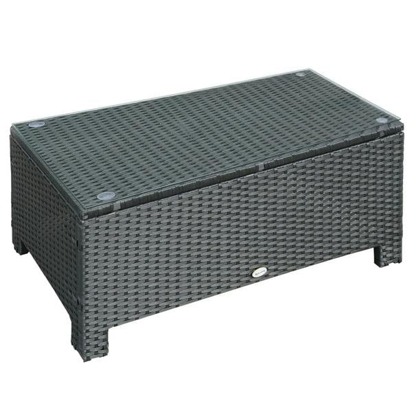 Black PE rattan rectangular coffee table with tempered glass top