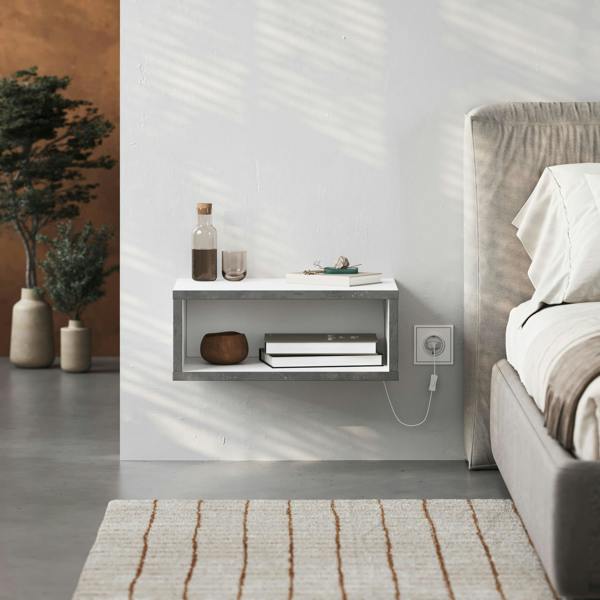 Decortie Modern Floating Bedside Table w/ LED Lights 45cm Wall-Mount Nightstand End Table Open Shelf Bedroom