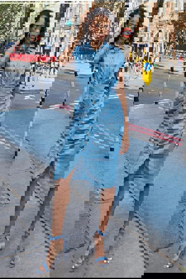 Denim Gathered Angel Sleeve Midi Shirt Dress - Sky Denim DR4116