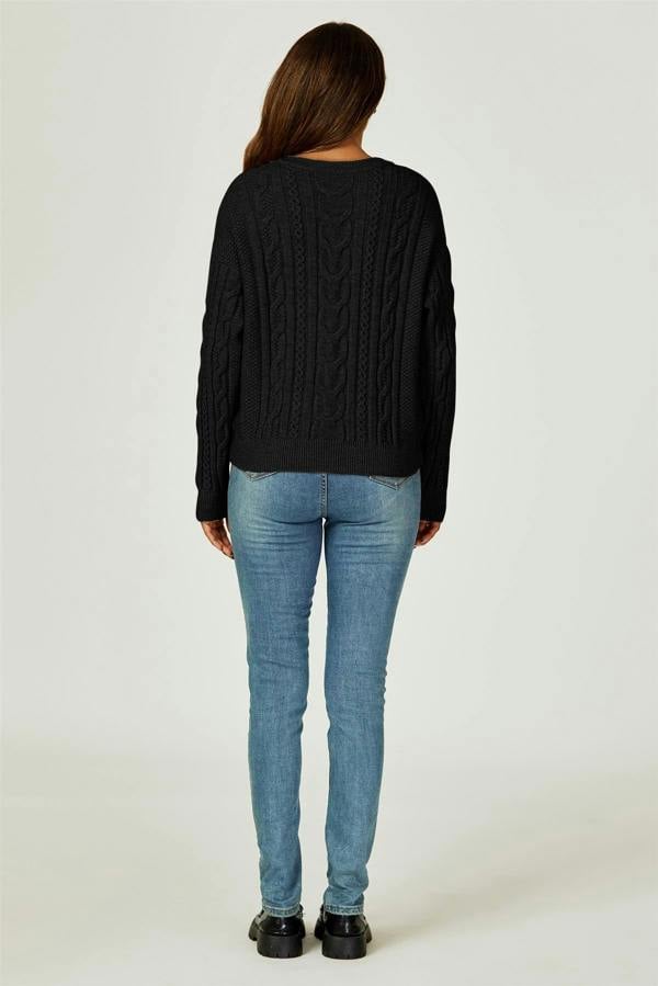 FS Collection Cable Knit Crew Neck Jumper In Black