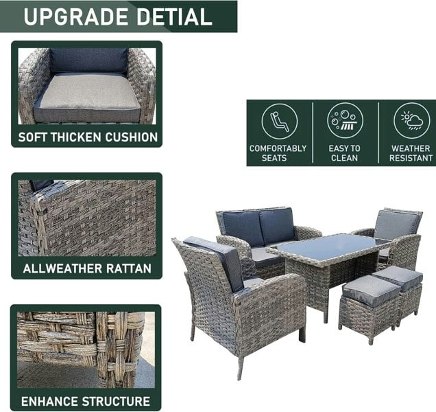 Furniture One 6 Piece Rattan Garden Furniture Outdoor Wicker Dining Table Set with Tempered Glass Top Table