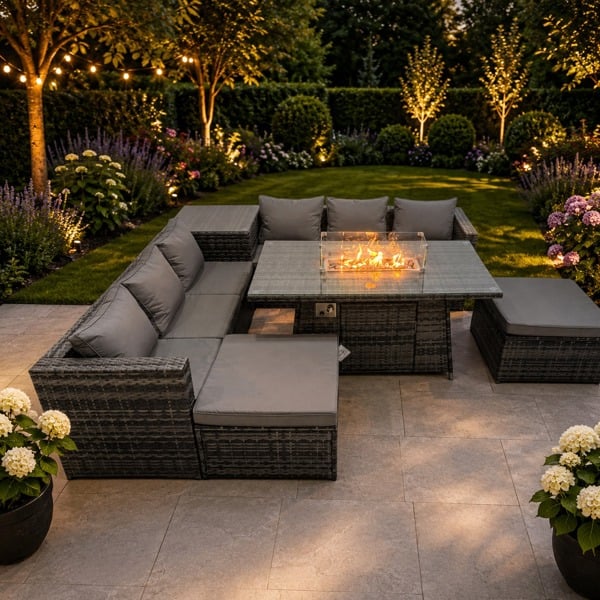 Fimous 8 Seater Garden Outdoor Rattan Furniture Set Patio Corner Sofa Gas Fire Pit Dining Table with Side Table 2 Big Stools Dark Grey