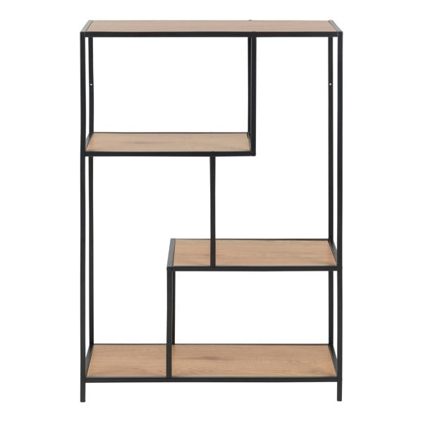 Furniture To Go Seaford Black Metal Asymmetrical Bookcase with 3 Oak Shelves