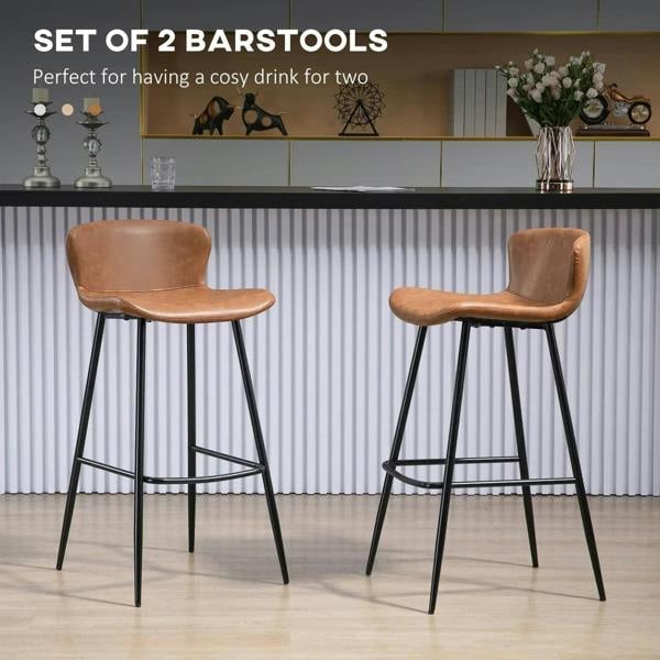 Set of 2 brown bar stools with curved backs, black legs, and arched footrests