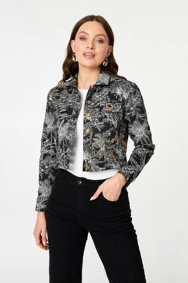 Black | Tropical Print Textured Cropped Jacket