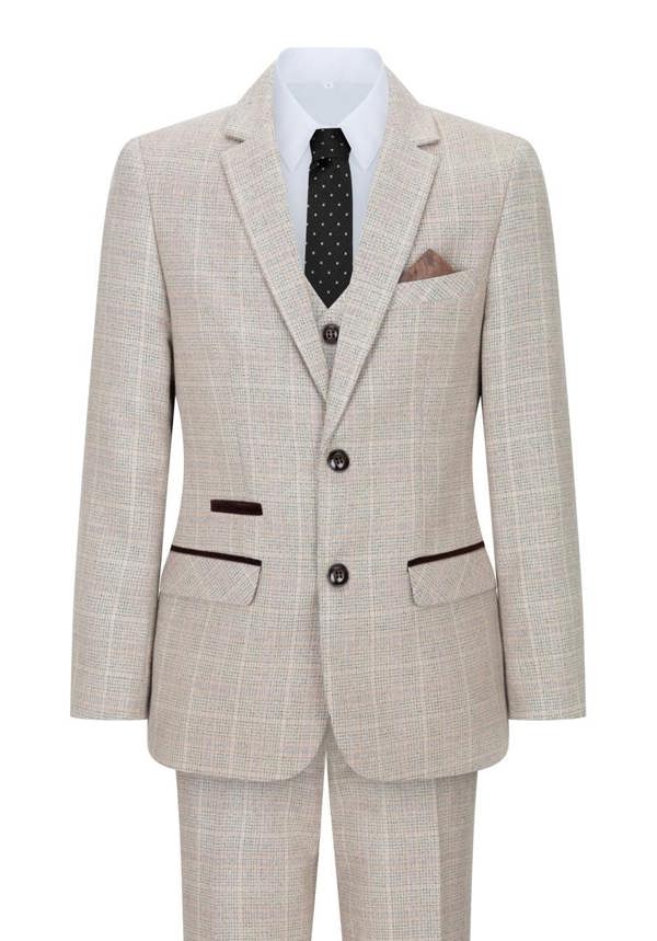 Paul Andrew Boys 3 Piece Beige Tweed Check Vintage Retro Suit