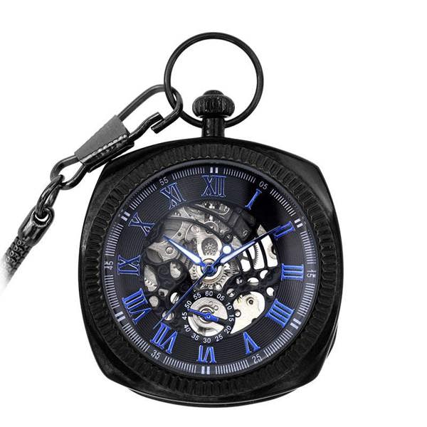 Infinity Leather Mechanical Vintage Skeleton Square Open-Face Pocket Watch