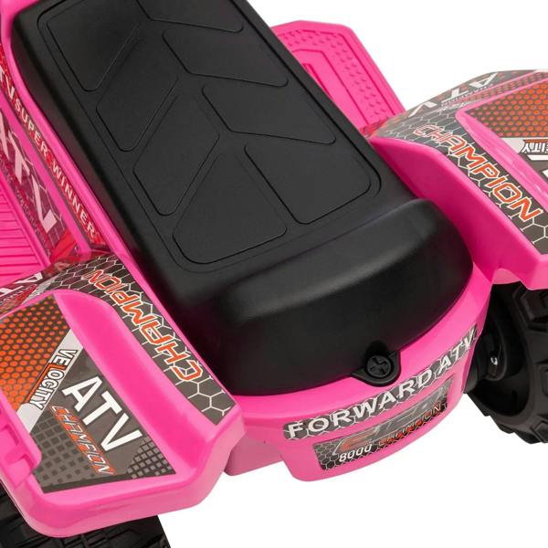 Pink kids electric ride-on quad bike with black textured seat and side decals
