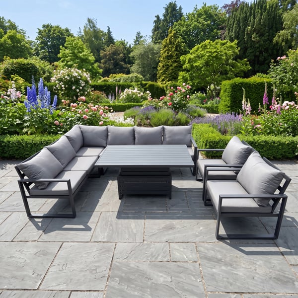 Fimous 8 Seater Aluminium Garden Furniture Set with Adjustable Rising Dining Table, 2 Chairs & Corner Sofa - Dark Grey