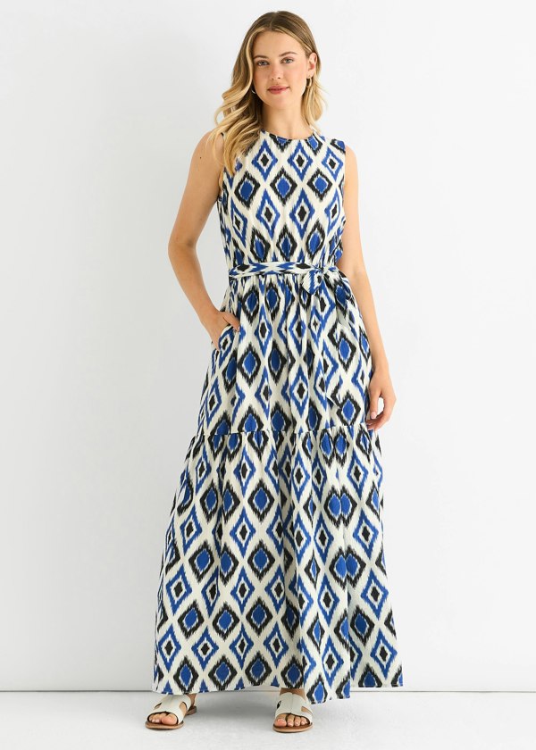 Gini London Blue Geo Print Elasticated Waist Midaxi Dress