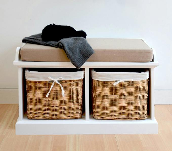 Statement Furniture Tetbury White Storage Bench with Natural Wicker Baskets and Brown Cushion