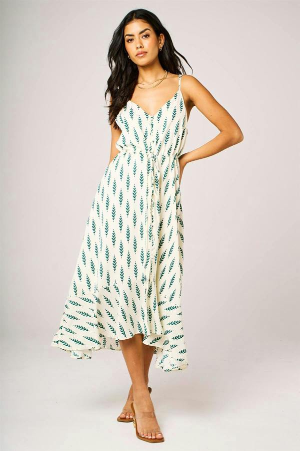 FS Collection Green Leaf Print Button Down High Low Strappy Dress In White