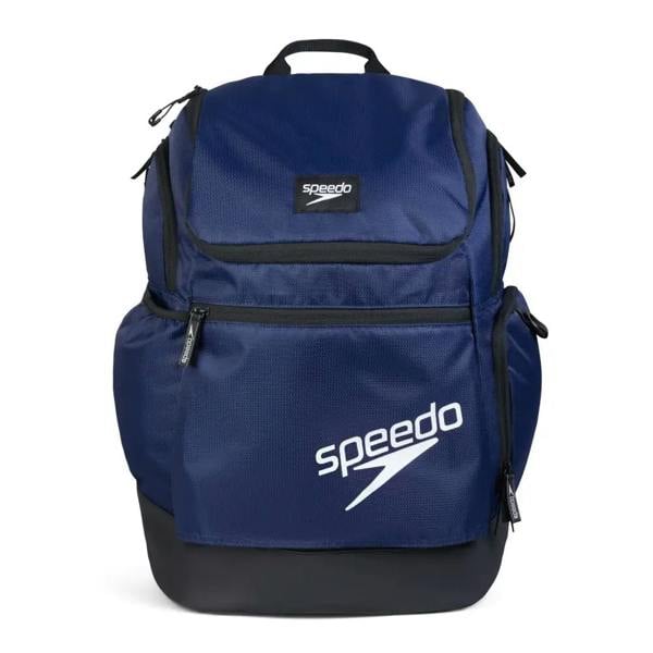 Navy blue Speedo Teamster rucksack 35L backpack with white logo, black accents, raised laptop sleeve