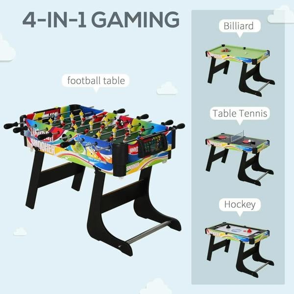 4-in-1 multi-game table with colorful foosball-style and curved support legs
