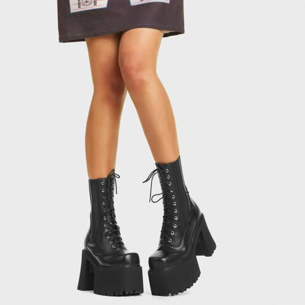 Lamoda Mislead Me Knee High Black PU Boots for Women Stylish Skull Detail