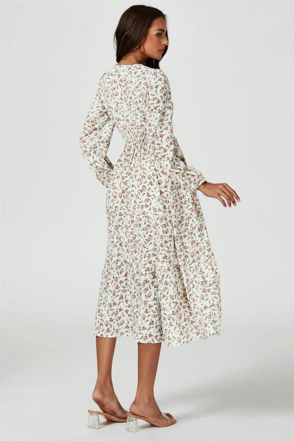 FS Collection Floral Print Long Sleeve Midi Dress In White