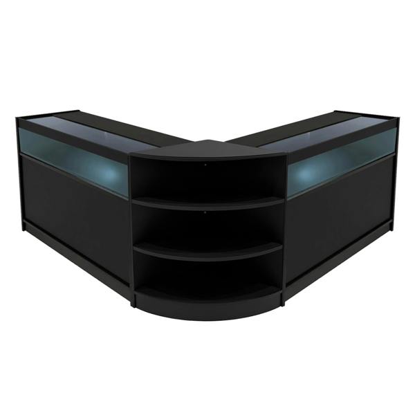 Theseus LED shop counter set in sleek black, featuring glass display tops and curved shelving for stylish retail presentation