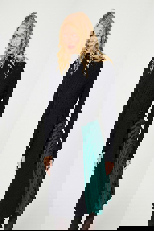 Black | Colour Block High Neck Pleated Knit Dress
