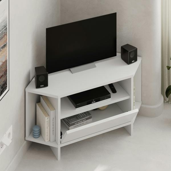 Decortie Modern Viva Corner TV Unit Shelf up to 36 Inch TVs Push to Open Storage Cabinet, 3 Open Shelf Media Centre 95.7(W)cm