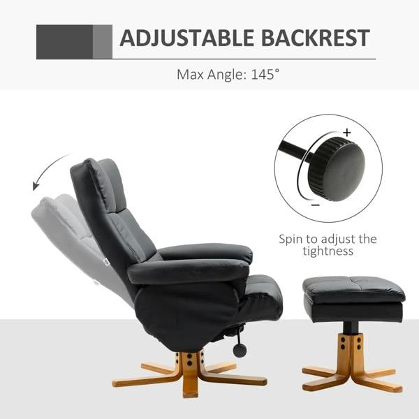 Black PU leather adjustable backrest swivel recliner chair with footstool