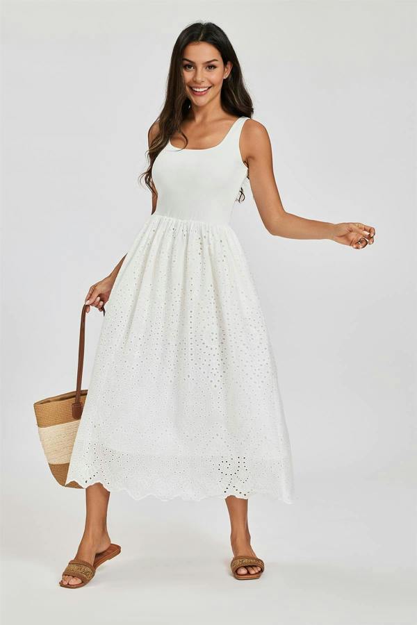 FS Collection Sleeveless Jersey Top Broderie Midi Dress In White