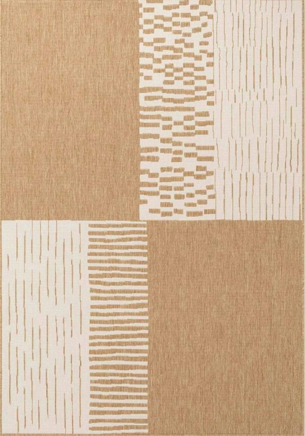Patterned fabric with a geometric design in beige and white.