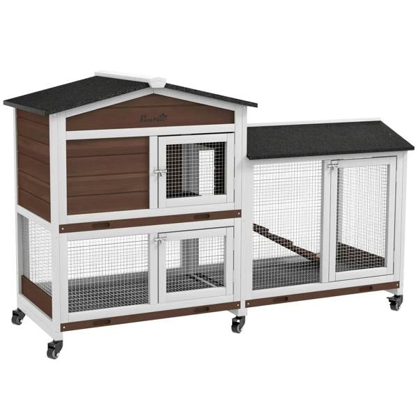 Brown wooden two-tier pet hutch with wheels, mesh doors, and dark felt roof run
