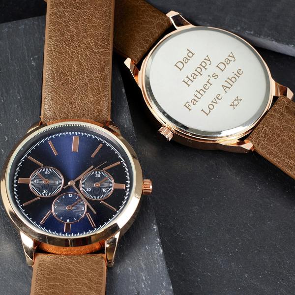 Personalised Men's Rose Gold Watch with Brown Strap and Presentation Box