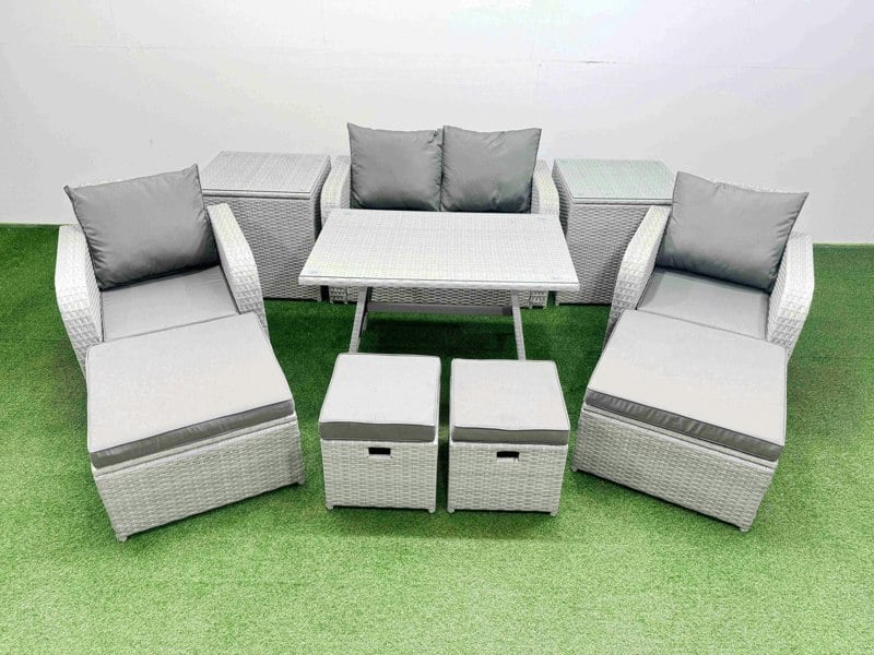 Fimous Rattan Garden Furniture Dining Set 8 seater Patio Rectangular Table Sofa Set with 2 Side Tables 4 Stools Light Grey