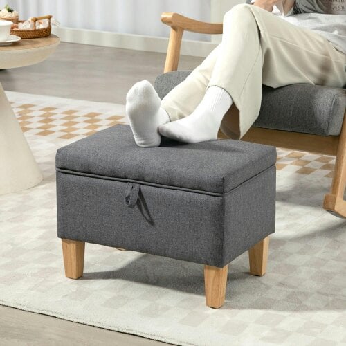 Wyld Haus Doma Linen Grey Compact Storage Footstool With Storage Natural Wooden Legs