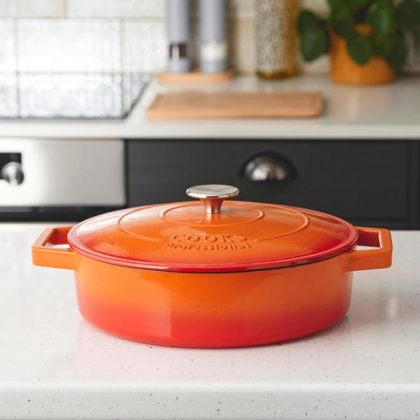 Cooks Professional 28cm Shallow Cast Iron Casserole | Graduated Orange