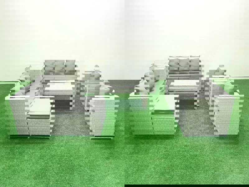 Fimous Outdoor Garden Furniture Rattan Sofa Set with 2 Armchairs Oblong Coffee Table Big Footstool Side Table Light Grey Mixed