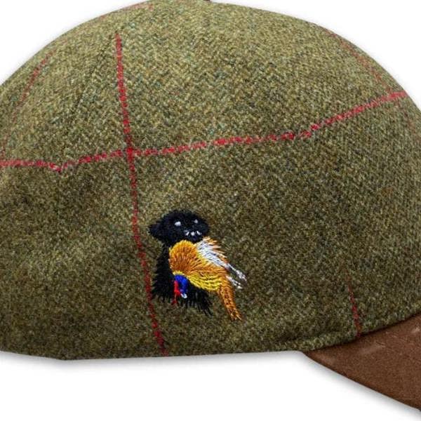 Gun dog and pheasant embroidered tweed baseball cap