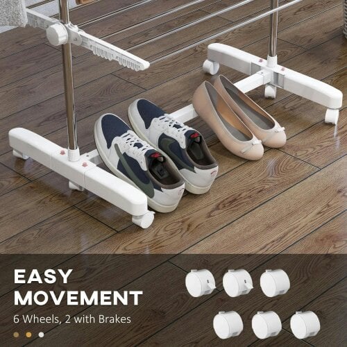 Bobobiy Four-Shelf Collapsing Clothes Horse, With Side Arms and Wheels - White