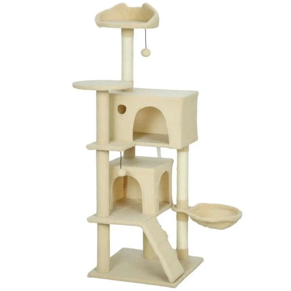 Beige cat tree tower with plush perches, sisal scratching posts, and side hammock